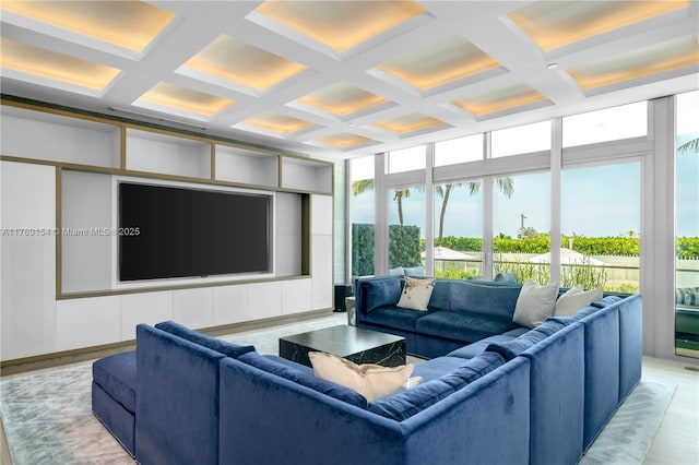 321 Ocean Dr Unit 200, Miami Beach, FL 33139 - home theater room featuring coffered ceiling, a healthy amount of sunlight, and beam ceiling