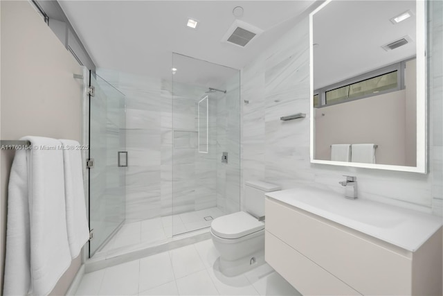 full bath with visible vents, toilet, and a shower stall