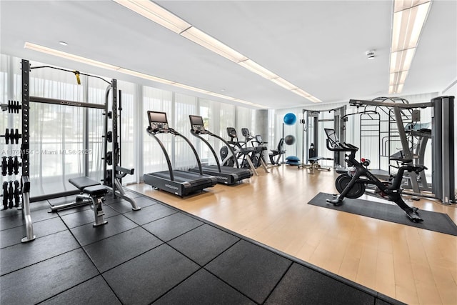 321 Ocean Dr Unit 200, Miami Beach, FL 33139 - workout area featuring a wall of windows and wood finished floors