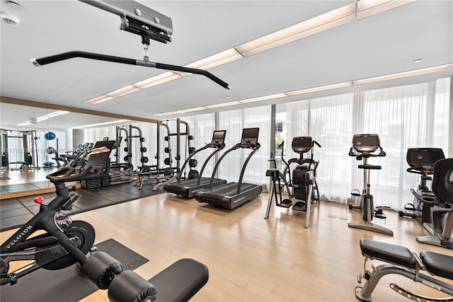 321 Ocean Dr Unit 200, Miami Beach, FL 33139 - gym featuring expansive windows and wood finished floors