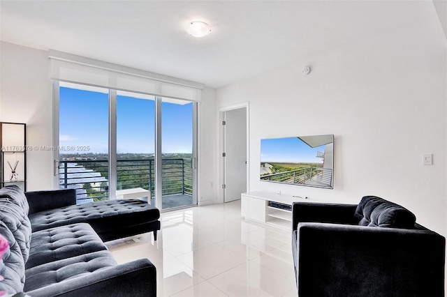 living room with light tile patterned flooring and expansive windows