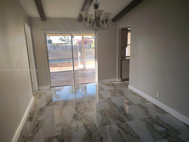 unfurnished dining area featuring a chandelier, beamed ceiling, marble finish floor, and baseboards