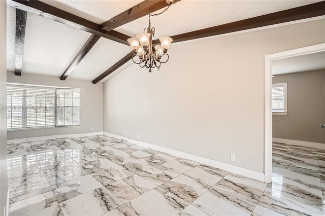 1281 Wyndcliff Dr, Wellington, FL 33414 - unfurnished room with a chandelier, plenty of natural light, vaulted ceiling with beams, and baseboards