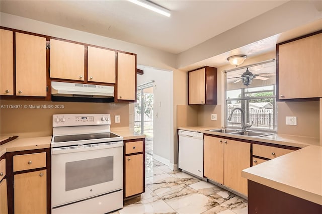 1281 Wyndcliff Dr, Wellington, FL 33414 - kitchen featuring white appliances, ceiling fan, a sink, under cabinet range hood, and marble finish floor