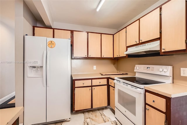 1281 Wyndcliff Dr, Wellington, FL 33414 - kitchen featuring under cabinet range hood, marble finish floor, white appliances, and light countertops
