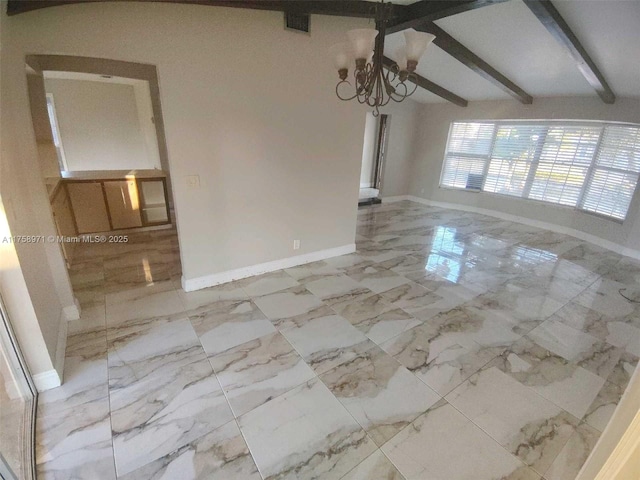 interior space featuring visible vents, vaulted ceiling with beams, baseboards, and marble finish floor