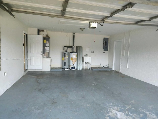 garage featuring electric panel, heating unit, electric water heater, a garage door opener, and water heater