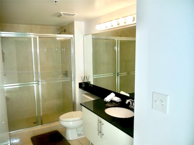 full bath featuring tile patterned floors, toilet, a stall shower, and vanity