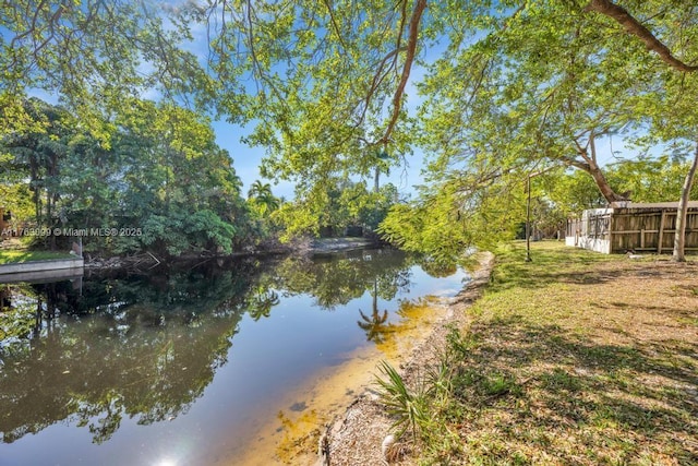 property view of water featuring fence