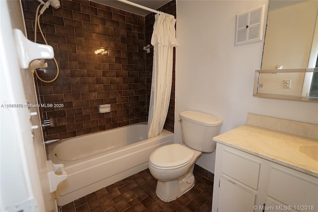 bathroom with visible vents, toilet, vanity, and shower / bath combination with curtain