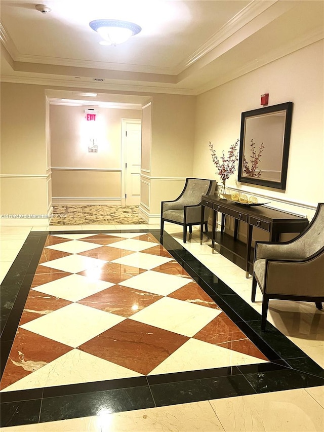 16101 Emerald Estates Dr Unit 143, Weston, FL 33331 - hallway featuring inlaid floor details, a tray ceiling, ornamental molding, and baseboards