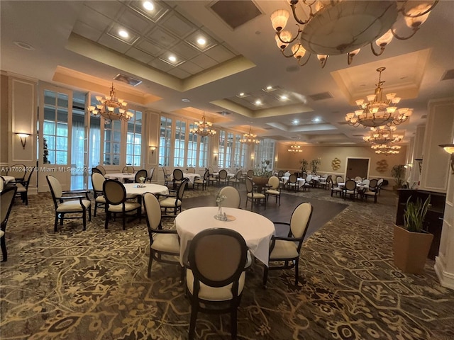 16101 Emerald Estates Dr Unit 143, Weston, FL 33331 - dining space with a chandelier, dark colored carpet, a tray ceiling, and coffered ceiling