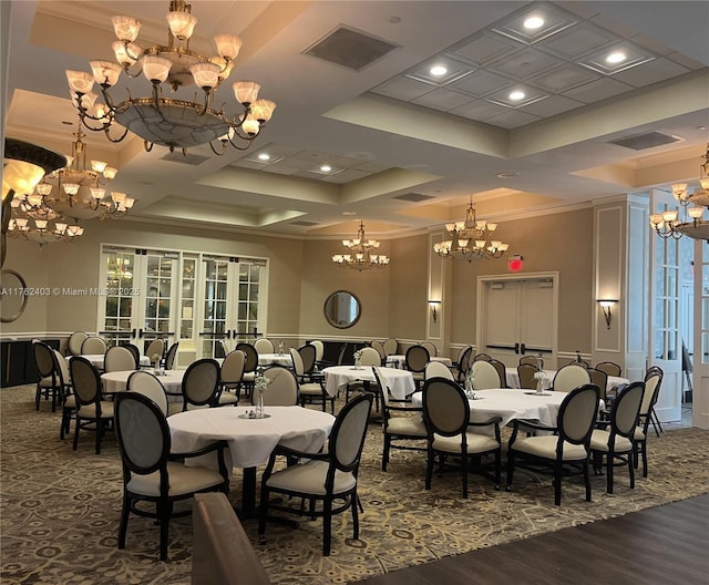 16101 Emerald Estates Dr Unit 143, Weston, FL 33331 - dining space with a chandelier, ornamental molding, dark wood-style flooring, recessed lighting, and a tray ceiling