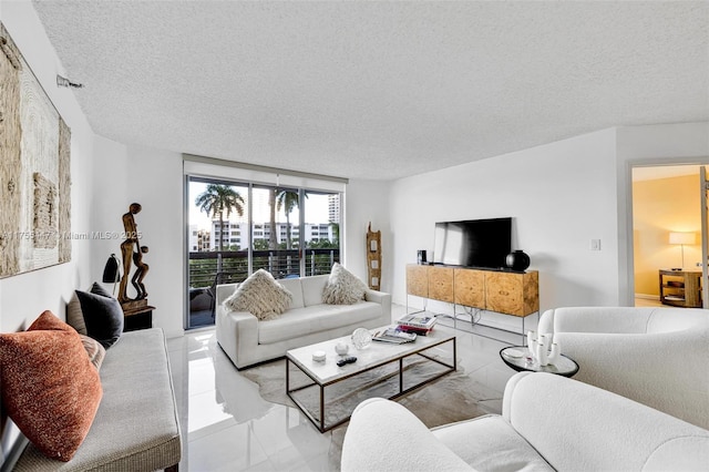 living room with a textured ceiling