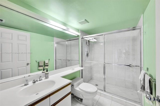 bathroom with vanity, visible vents, tile patterned flooring, a shower stall, and toilet