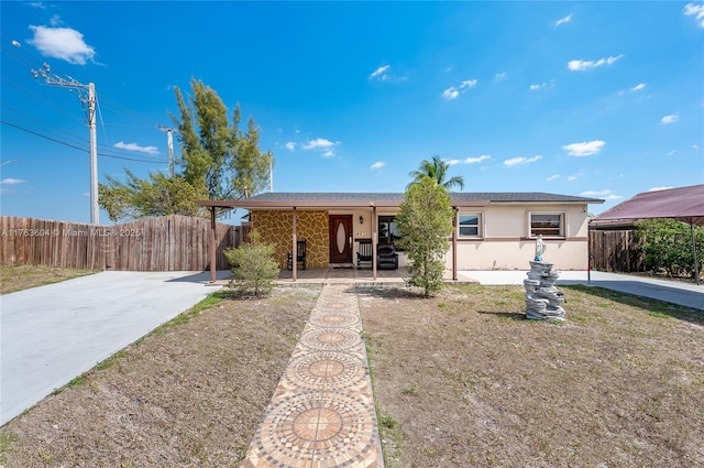 single story home featuring a patio area, fence, and stucco siding