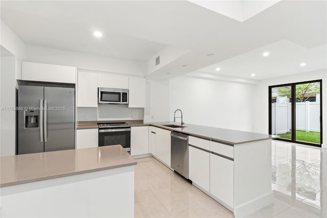 kitchen with visible vents, a sink, appliances with stainless steel finishes, a peninsula, and white cabinets