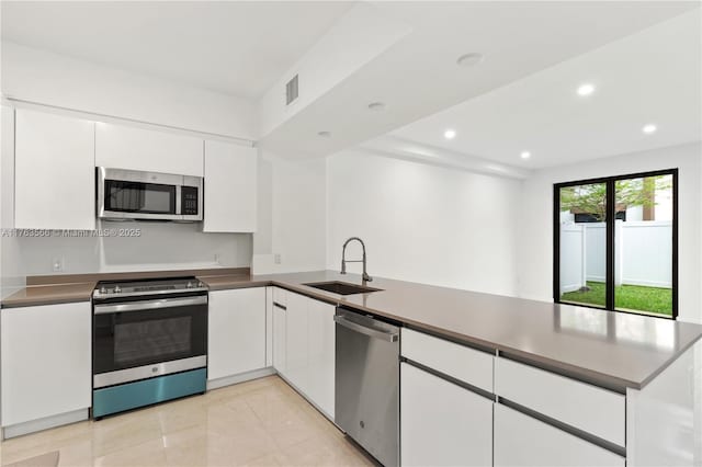 kitchen featuring visible vents, appliances with stainless steel finishes, a peninsula, white cabinetry, and a sink