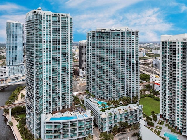 exterior space featuring a view of city and a water view