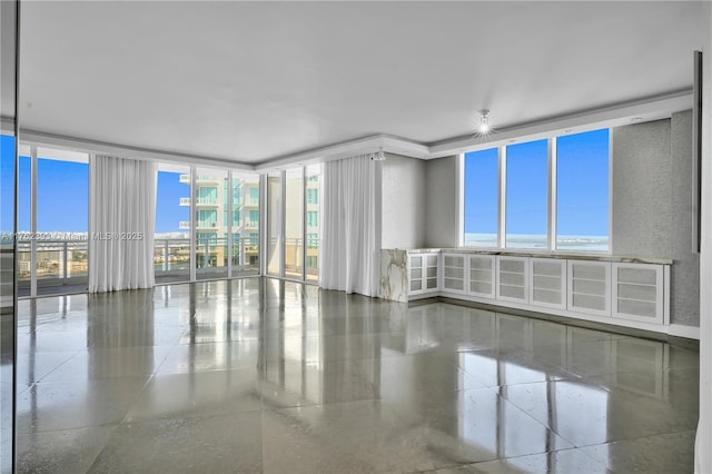 unfurnished room with a wealth of natural light, granite finish floor, and expansive windows