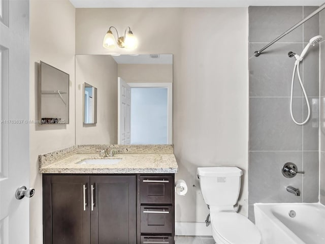 full bathroom with bathing tub / shower combination, vanity, and toilet