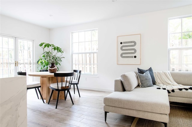 living room with baseboards, a healthy amount of sunlight, and light wood finished floors