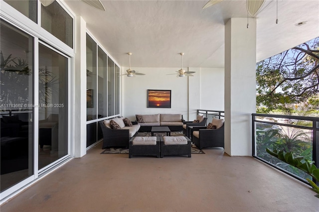 balcony featuring a ceiling fan and an outdoor hangout area