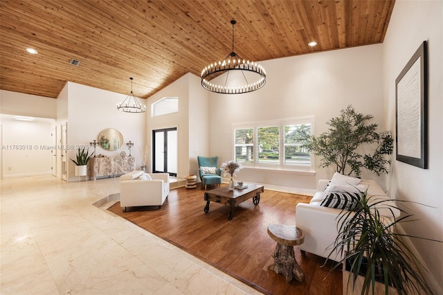 living room featuring a chandelier, recessed lighting, wooden ceiling, and high vaulted ceiling