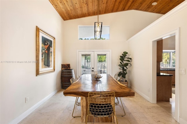 dining area with baseboards, lofted ceiling, and wooden ceiling