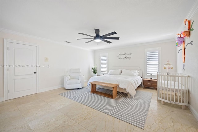 bedroom featuring visible vents, crown molding, baseboards, ceiling fan, and marble finish floor