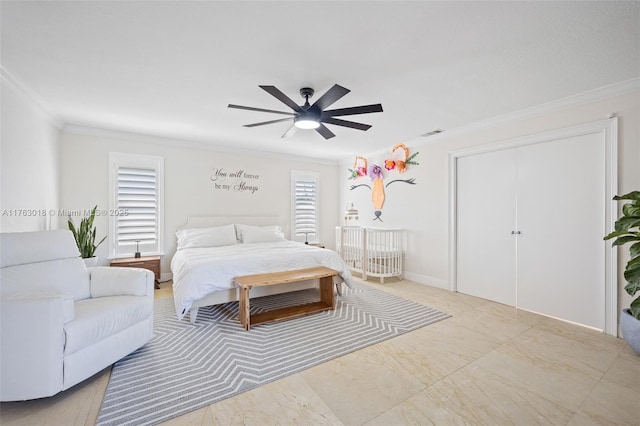 bedroom with visible vents, a ceiling fan, and crown molding