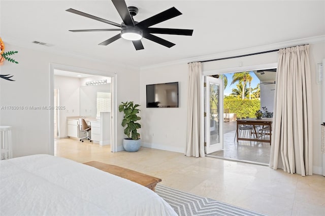 bedroom with baseboards, visible vents, ceiling fan, access to exterior, and crown molding