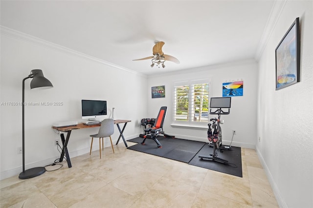 workout area featuring baseboards, crown molding, and ceiling fan