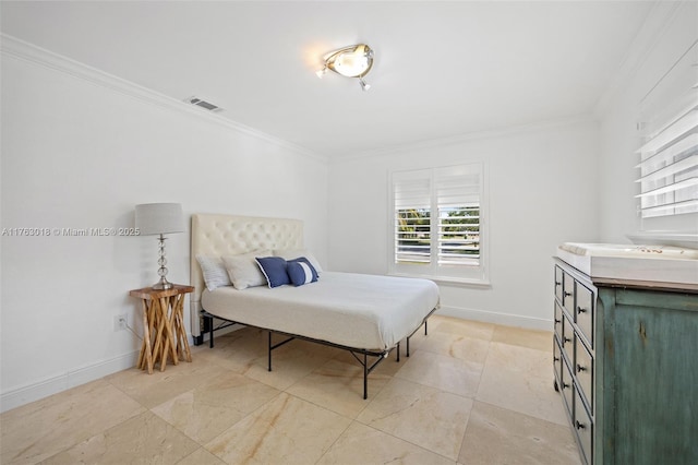 bedroom with baseboards, visible vents, and ornamental molding