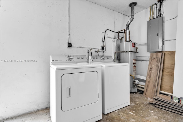 laundry room featuring electric panel, laundry area, gas water heater, and washing machine and clothes dryer