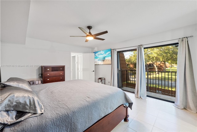 bedroom featuring ceiling fan and access to exterior