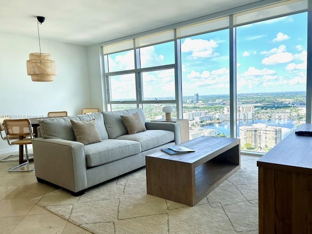 living area with a city view, a wall of windows, and a water view