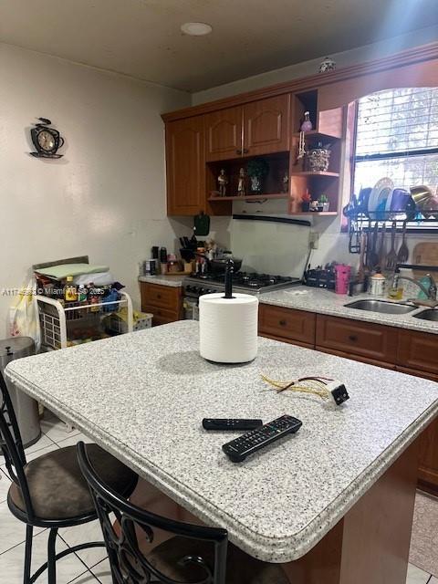 kitchen with range with gas stovetop, open shelves, a center island, and a sink