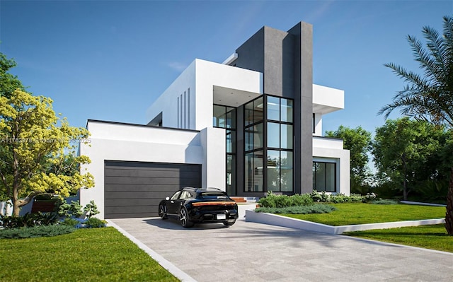 modern home featuring stucco siding, driveway, an attached garage, and a front yard