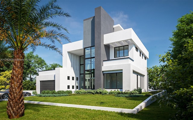 contemporary house featuring stucco siding and a front lawn