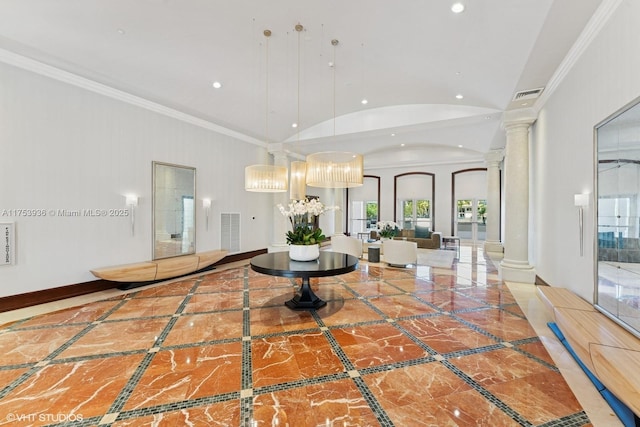 interior space featuring visible vents, crown molding, baseboards, recessed lighting, and ornate columns