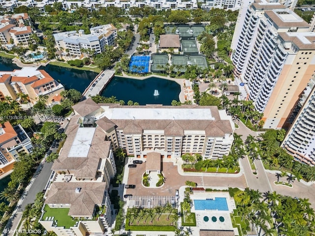 aerial view featuring a water view