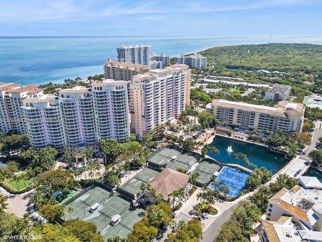 bird's eye view featuring a view of city and a water view