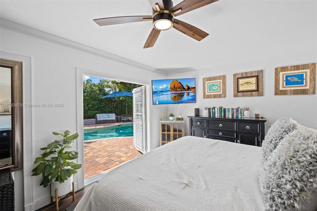 2395 SE 6th St, Pompano Beach, FL 33062 - bedroom featuring access to exterior, a ceiling fan, and crown molding