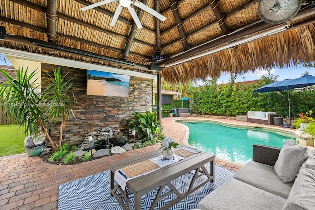 2395 SE 6th St, Pompano Beach, FL 33062 - outdoor pool featuring a gazebo, an outdoor living space, a patio, and ceiling fan