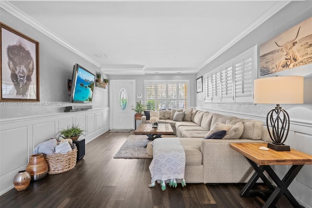 2395 SE 6th St, Pompano Beach, FL 33062 - living area with a decorative wall, wainscoting, ornamental molding, and wood finished floors