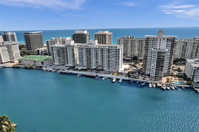 drone / aerial view featuring a view of city and a water view