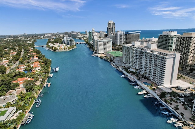 birds eye view of property featuring a city view and a water view