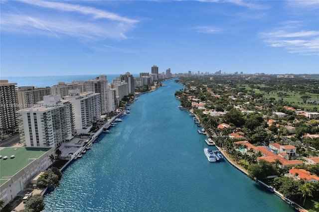 bird's eye view with a city view and a water view