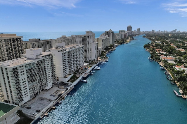 aerial view featuring a city view and a water view